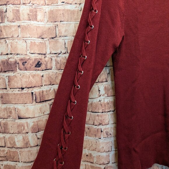 Faith & Zoe Ribbed Knit Texture Lace-Up Detail Sleeves Sweater Size Large - Picture 3 of 7